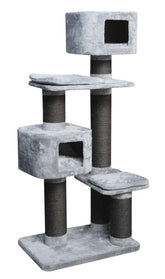 Kratzbaum "LOANO" in Grau mit mehreren Ebenen, Höhlen und Sisal-Säulen für Katzen zum Spielen und Entspannen.