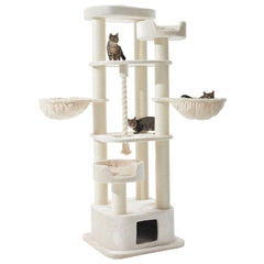 Großer Kratzbaum MUSAN aus hellem Material mit Körben, Tunnel und mehreren Katzen zum Spielen und Entspannen.