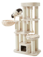 Katzenbaum "FREDO" mit mehreren Ebenen, gepolsterter Höhle, Hängematte und Sisal für Kratzmöglichkeiten.