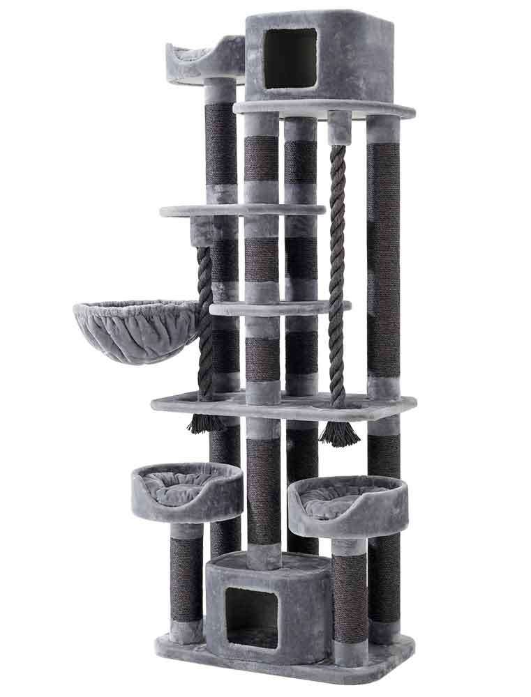 Grauer Kratzbaum "Kyla" für Katzen mit mehreren Etagen, Häuschen und Sisalstangen zum Kratzen und Entspannen.