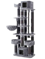 Grauer Kratzbaum "Kyla" für Katzen mit mehreren Etagen, Häuschen und Sisalstangen zum Kratzen und Entspannen.