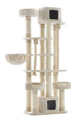 Großer Kratzbaum KYLA in neutralen Farben mit mehreren Ebenen, Höhlen und Kuschelplätzen für Katzen. Sisal und weicher Stoff.