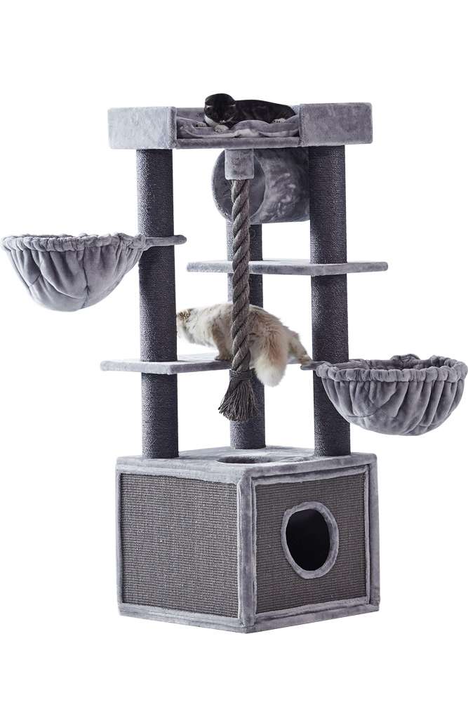 Großer grauer Kratzbaum "ADILE" mit Plattformen, Hängematten, Höhle und Sisal zum Kratzen für Katzen.