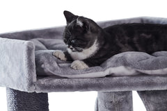 Graue Katzentruhe ADILE mit gepolstertem Plateau, darauf liegt eine entspannte schwarz-weiße Katze.