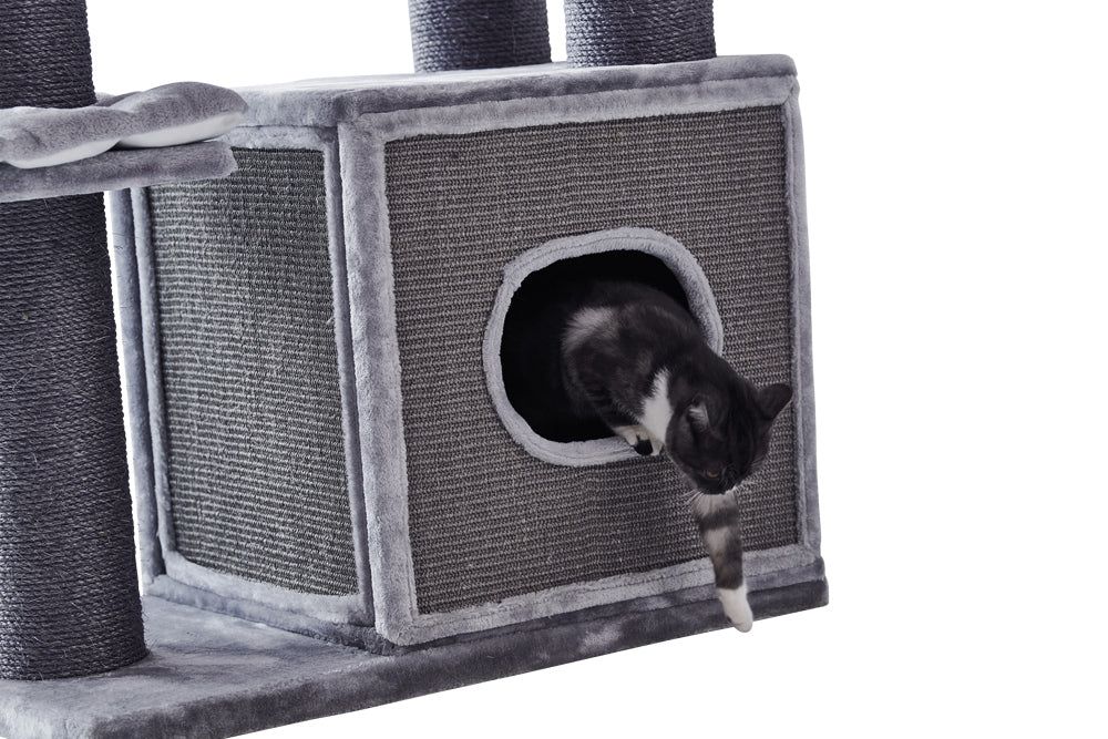 Katzenbaum YANKO mit grauer Höhle, Plattformen und Sisal-umwickelten Pfosten – ideal zum Spielen und Kratzen.