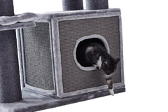 Katzenbaum YANKO mit grauer Höhle, Plattformen und Sisal-umwickelten Pfosten – ideal zum Spielen und Kratzen.