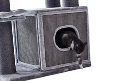 Katzenbaum YANKO mit grauer Höhle, Plattformen und Sisal-umwickelten Pfosten – ideal zum Spielen und Kratzen.