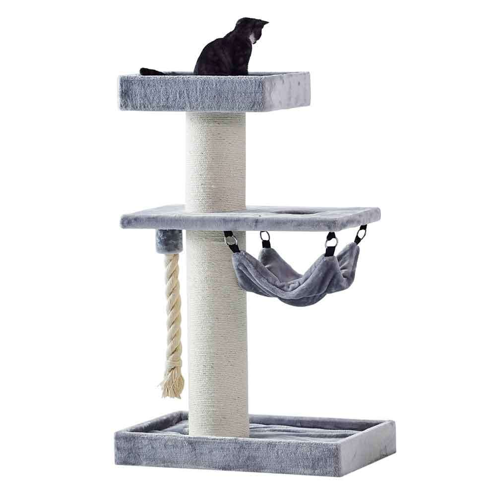 Stilvoller Kratzbaum "SAMAR" in Grau mit mehreren Ebenen, gepolsterter Liegefläche, Hängematte und Spielseil.