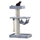 Stilvoller Kratzbaum "SAMAR" in Grau mit mehreren Ebenen, gepolsterter Liegefläche, Hängematte und Spielseil.