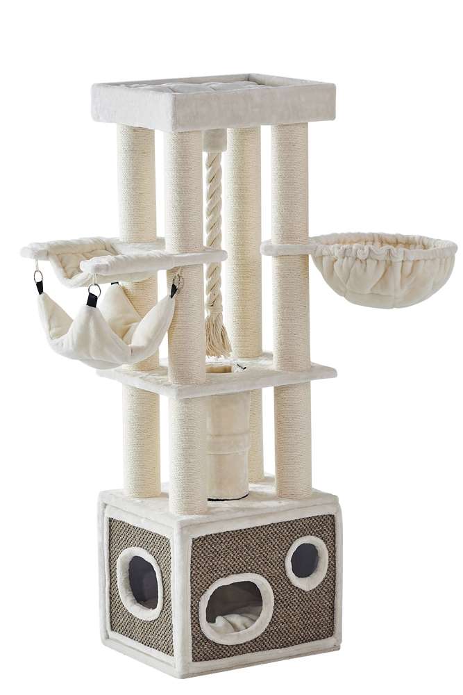 Katzenkratzbaum "LILIAN" in neutralen Farben mit Hängematte, Liegefläche und Kratzsäule, ideal für verspielte Katzen.