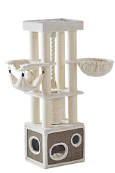 Katzenkratzbaum "LILIAN" in neutralen Farben mit Hängematte, Liegefläche und Kratzsäule, ideal für verspielte Katzen.