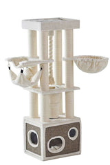 Katzenkratzbaum "LILIAN" in neutralen Farben mit Hängematte, Liegefläche und Kratzsäule, ideal für verspielte Katzen.