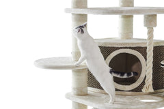 Katzenkratzbaum ELIF mit mehreren Plattformen, Sisal zum Kratzen und einer Höhle, weiße Katze mit schwarzem Schwanz darauf.