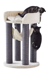 Katzenkratzbaum "ELA" mit grauen Säulen, hellen Liegeflächen und hängenden Liegen für Katzen zum Spielen und Entspannen.