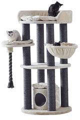 Kratzbaum "Arda" mit grauen Säulen, samtigem Material und zwei entspannten Katzen auf mehreren Ebenen. Ideal für Katzenliebhaber.