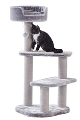 Moderner Kratzbaum "ZERA" für Katzen mit grauer Plüschoberfläche und mehreren Ebenen für Spiel und Entspannung.