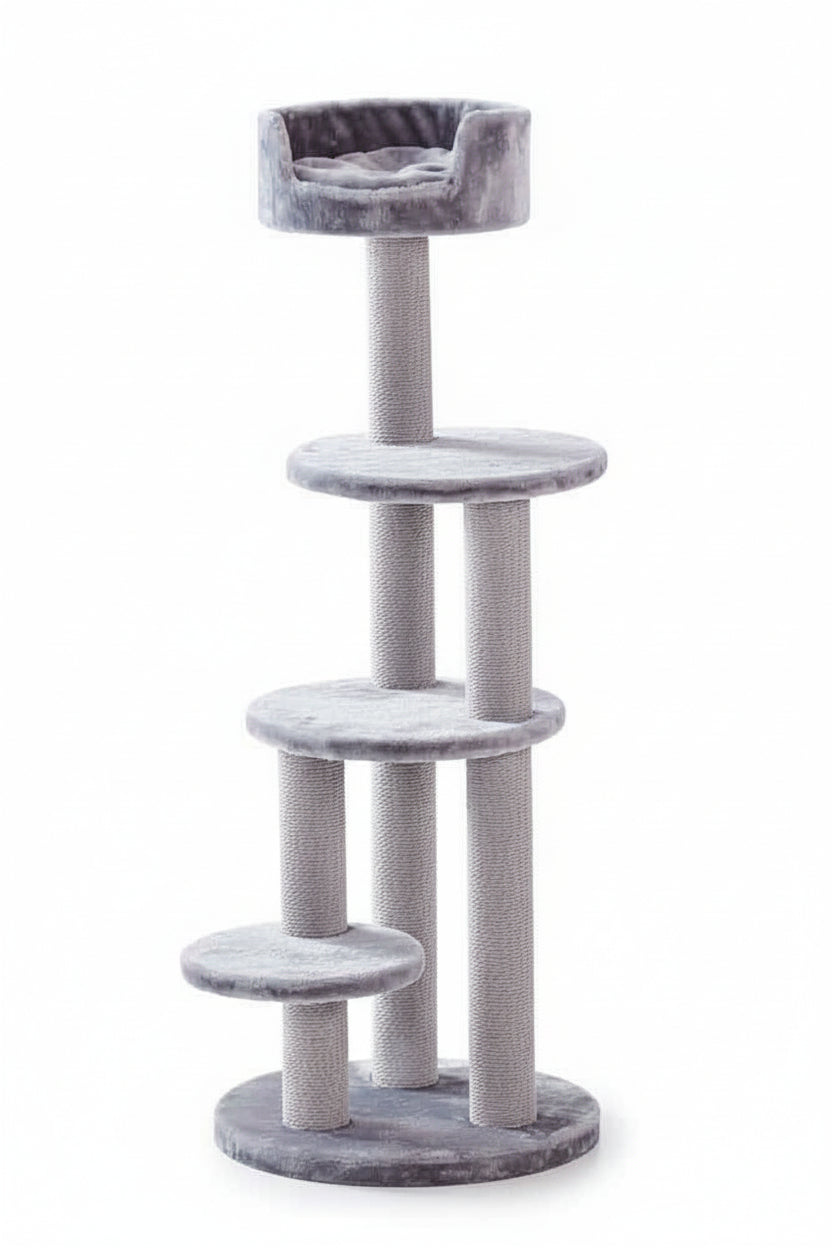 Grauer Samt-Kratzbaum "MELO" mit Plattformen, rundem Ruheplateau und Sisal-Säulen für Katzen.