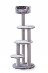 Grauer Samt-Kratzbaum "MELO" mit Plattformen, rundem Ruheplateau und Sisal-Säulen für Katzen.