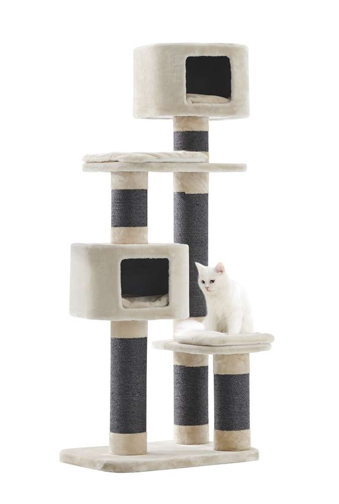 Dreistöckiger Kratzbaum LOANO mit Liegemöglichkeiten und Höhlen für Katzen in neutralen Farben.