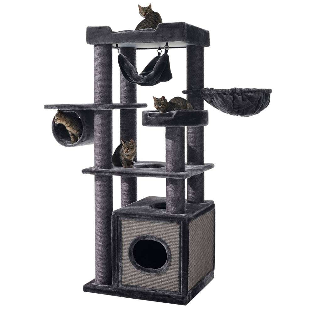 Kratzbaum "Faris" in Grau mit mehreren Ebenen, Kratzflächen und Hängematten, ideal für spielende Katzen.