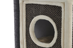 "Kratzbaum FARIS mit beiger, weicher Höhle und dunkler, strukturierter Außenfläche für Katzen."