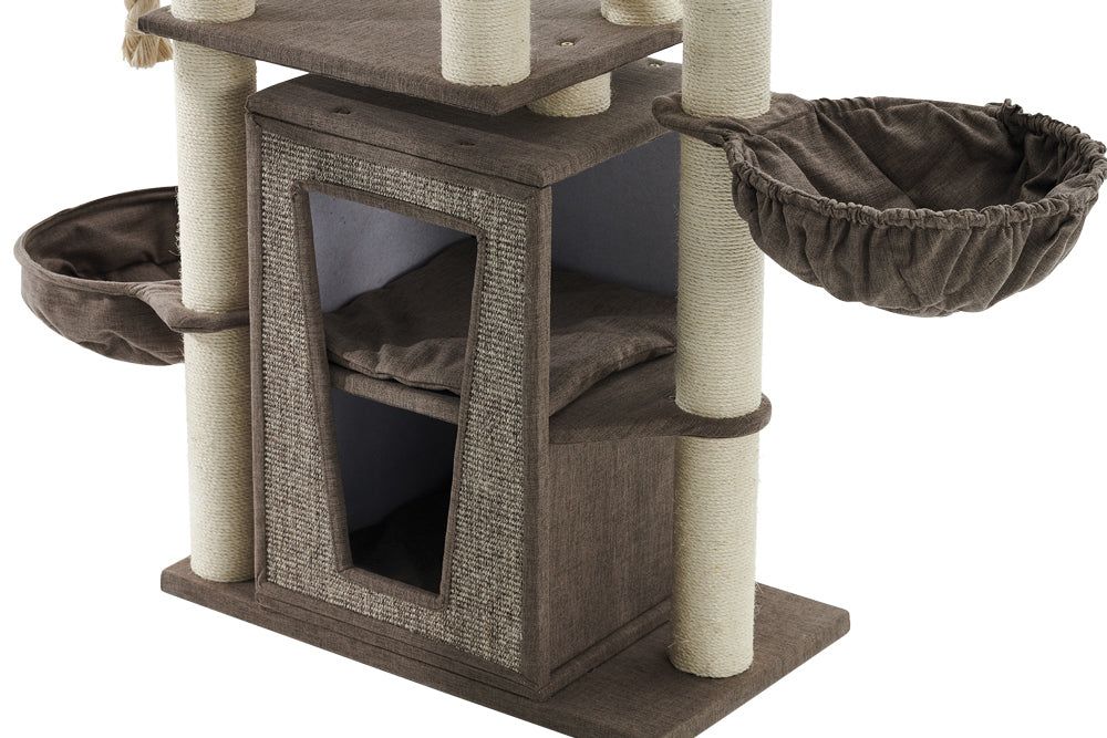 Brauner Kratzbaum HITAL mit mehreren Ebenen, Hängematten und Sisalstämmen für Katzen zum Spielen und Entspannen.