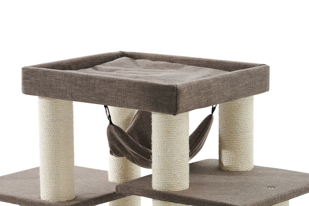 "Kratzbaum HITAL mit mehreren Ebenen, weicher Liegefläche und Hängematte für Katzen. Ideal zum Spielen und Entspannen."