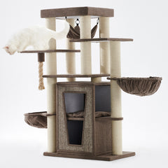 Stabiler Kratzbaum HITAL für Katzen in neutralen Farben mit mehreren Ebenen, Kratzstamm und gemütlichen Hängematten.