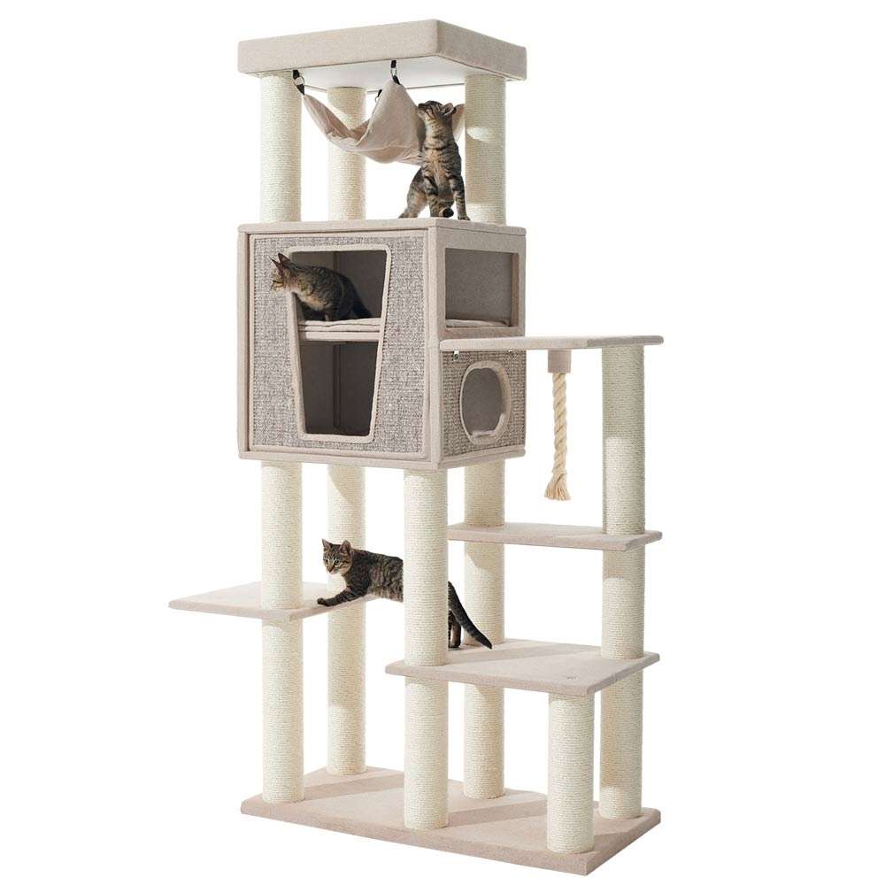 Hochwertiger Kratzbaum "Kasil" mit Plattformen, Höhle und Hängematte, ideal für mehrere Katzen.