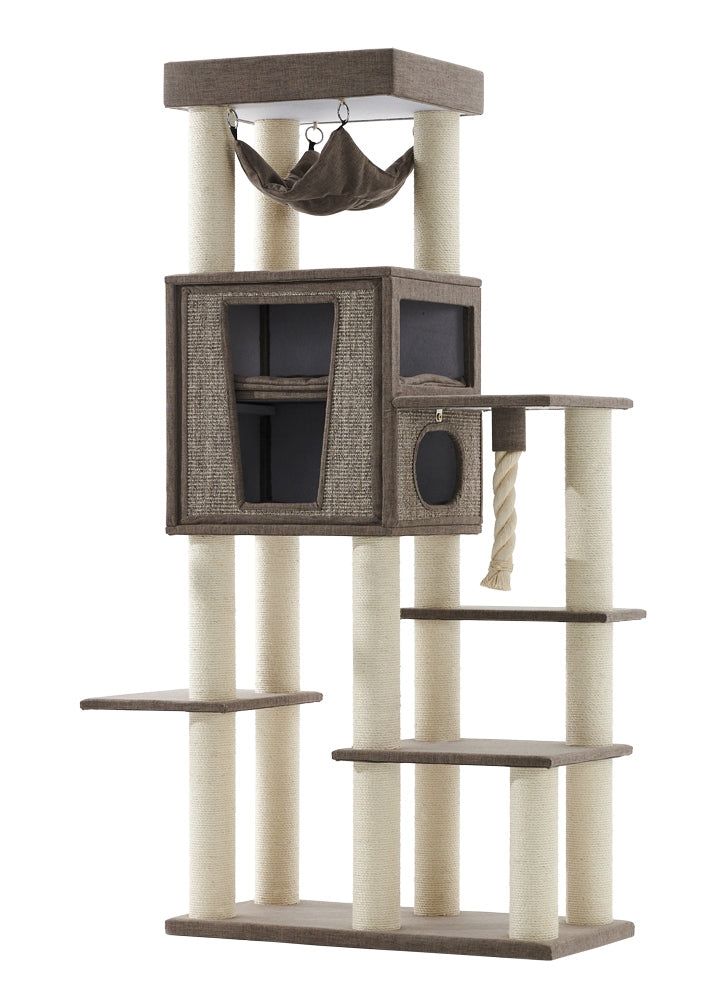 Katzenbaum "Kasil" mit mehreren Ebenen, Rückzugsort, Hängematte und kratzfesten Säulen für entspannte Katzen.