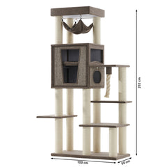 "Vielseitiger Kratzbaum KASIL mit mehreren Ebenen, Liegebereich und Hängematte in Braun- und Beigetönen für Katzen."