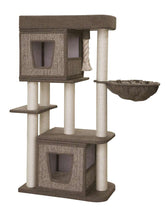 Kratzbaum "Zati" für Katzen mit mehreren Ebenen, Höhlen, Sisal-Pfosten und hängender Schlafschale in grauem Stoff.