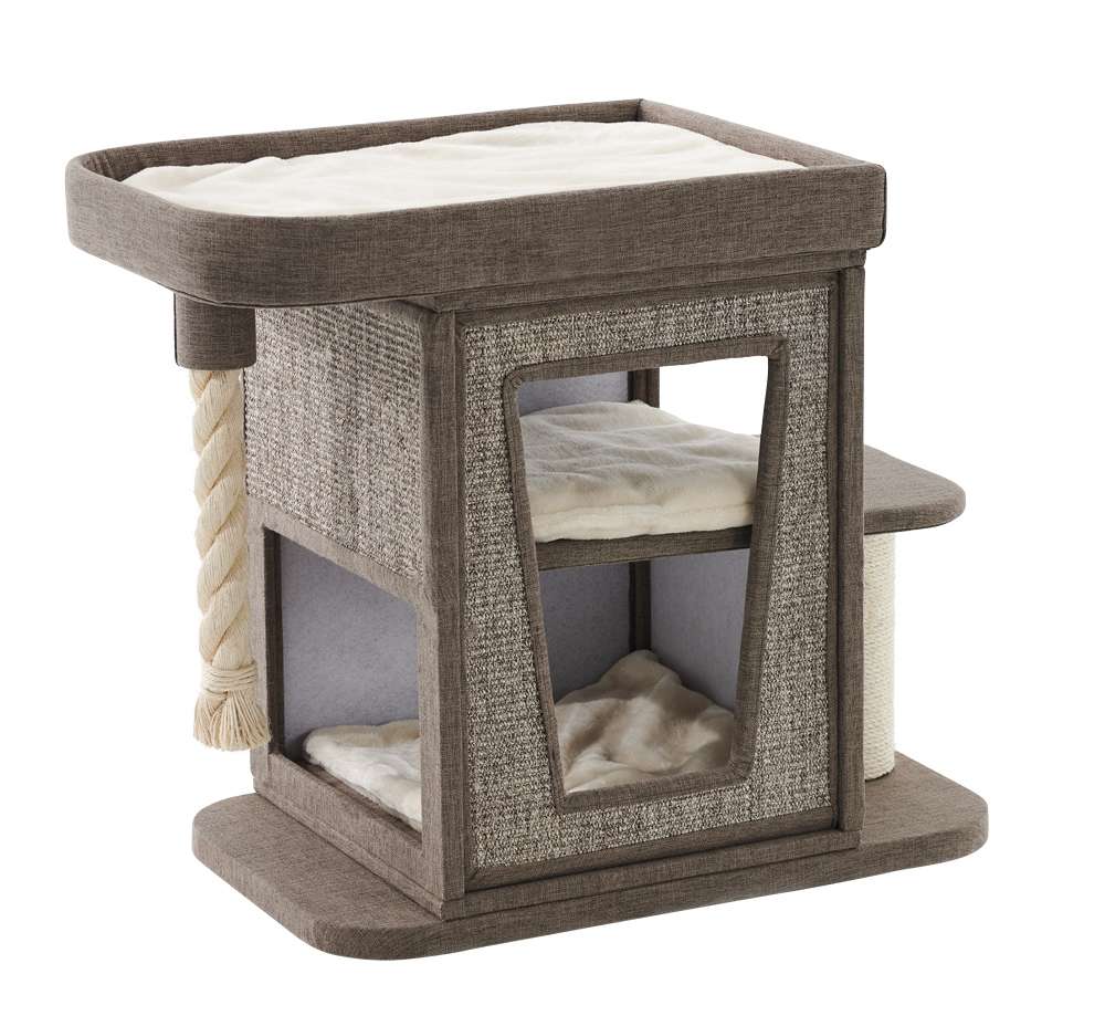 Moderner Kratzbaum "Ulvi" in Braun mit Spielbereichen, Ruheplätzen und Sisalrolle für Katzen.