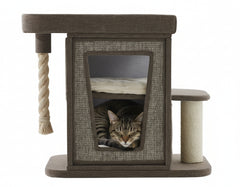 Stylischer Kratzbaum ULVI in hellbraun, mit mehreren Ebenen, Schlafplatz und zugänglicher Öffnung für Katzen.