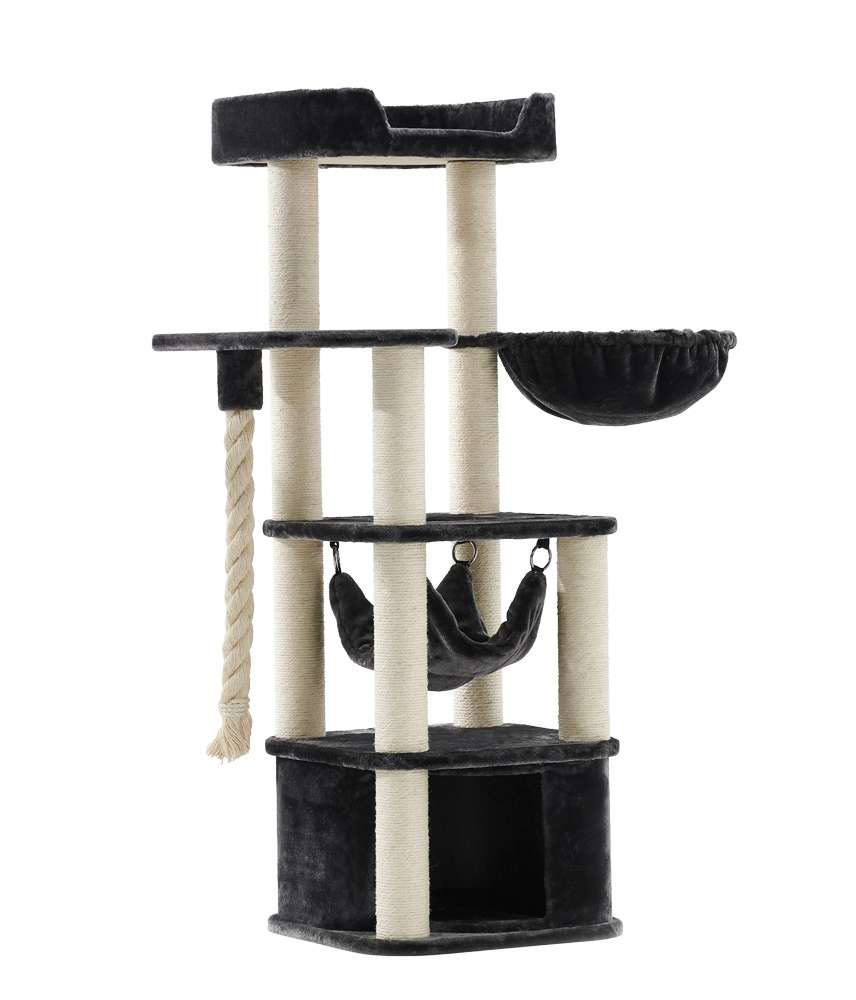 Schwarzer Kratzbaum "Zada" mit samtigen Oberflächen, Hängematte, Schlafplatz und Sisal-Kratzbereich für Katzen.