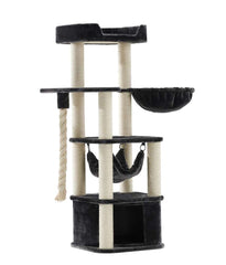 Schwarzer Kratzbaum "Zada" mit samtigen Oberflächen, Hängematte, Schlafplatz und Sisal-Kratzbereich für Katzen.