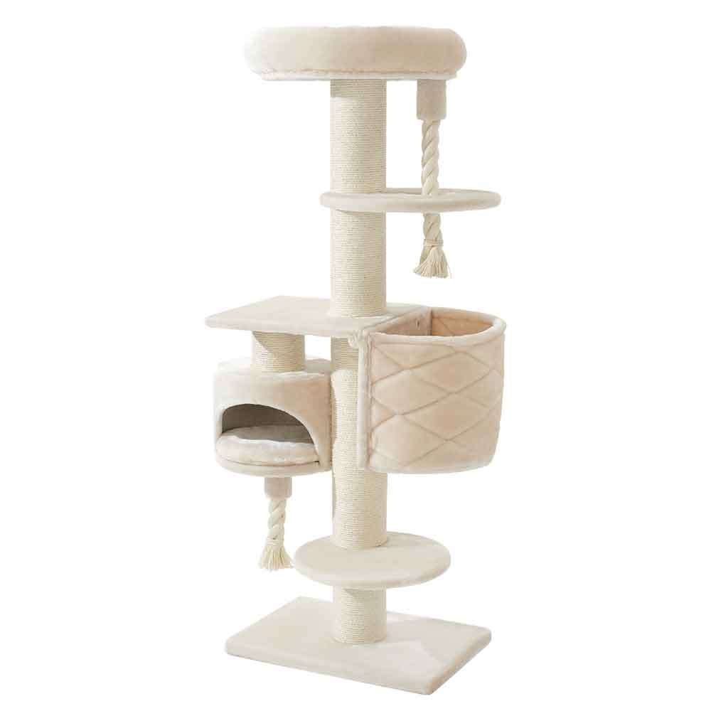 Kratzbaum "Cupid XL" in hellem Beige mit mehreren Ebenen, Höhle, Schlafbereich und Hängematten, ideal für Katzen.