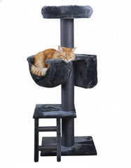 Grauer Kratzbaum JURI mit mehreren Ebenen und Hängematte, ideal zum Entspannen für Katzen.