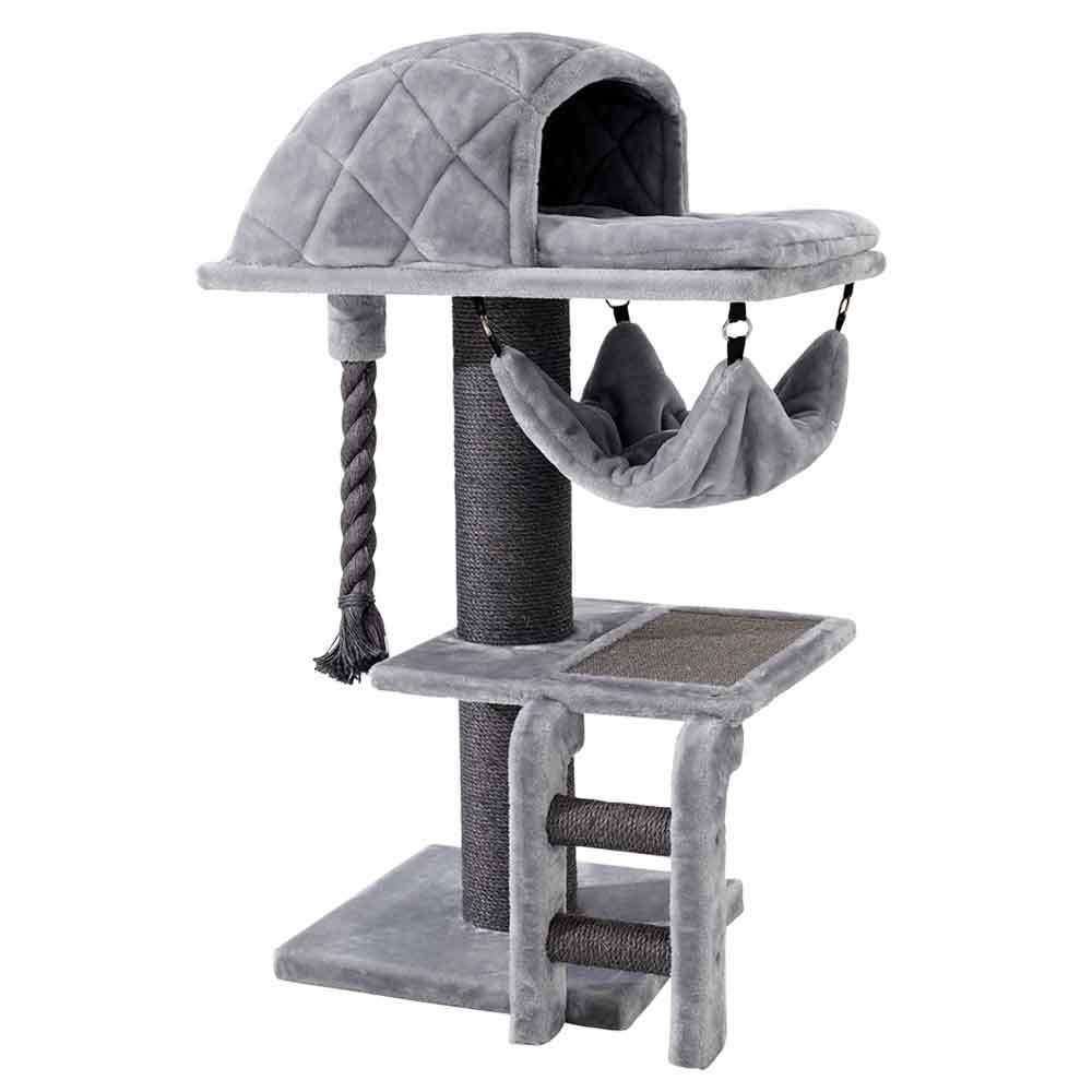 Grauer Kratzbaum "Rami XL" mit mehreren Ebenen, Höhle, Hängesessel und Sisalsäule für Katzen.