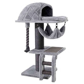 Grauer Kratzbaum "Rami XL" mit mehreren Ebenen, Höhle, Hängesessel und Sisalsäule für Katzen.