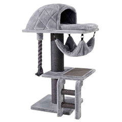 Grauer Kratzbaum "Rami XL" mit mehreren Ebenen, Höhle, Hängesessel und Sisalsäule für Katzen.