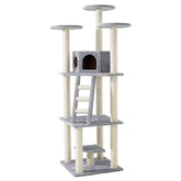 Hochwertiger Kratzbaum "Sultan" mit Plüschoberflächen, Höhle, Liegeflächen und Kratzsäulen in Grautönen.