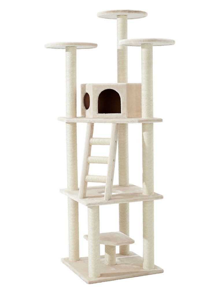 Großer, heller Kratzbaum SULTAN für Katzen mit mehreren Etagen, Höhle, Leiter und Sisalsäulen. Ideal zum Spielen und Entspannen.