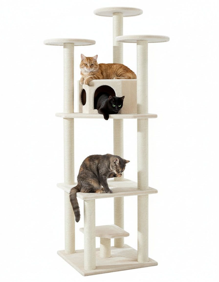 Moderner Kratzbaum SULTAN mit mehreren Etagen, Spielhaus und drei Katzen in orange, schwarz und getigert.
