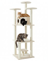 Moderner Kratzbaum SULTAN mit mehreren Etagen, Spielhaus und drei Katzen in orange, schwarz und getigert.