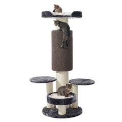 Moderner Kratzbaum ARTO in Grau mit mehreren Ebenen und Liegeflächen, ideal für Katzen zum Spielen und Entspannen.