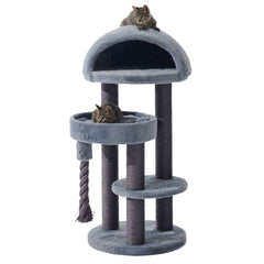 Grauer Kratzbaum "Lita" mit mehreren Etagen, Höhle, Liegefläche, Hängematte und zwei spielenden Katzen.
