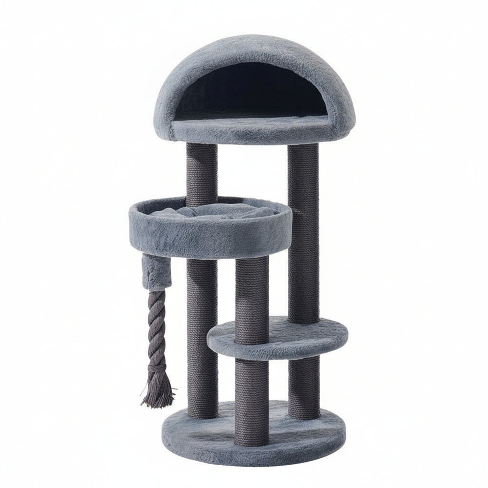 Moderner grauer Kratzbaum LITA für Katzen mit mehreren Ebenen, runder Liegefläche und integriertem Kratzstamm.
