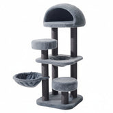 Grauer Kratzbaum NARA mit verschiedenen Ebenen, Höhle, Plattformen und Liegefläche für Katzen. Ideal zum Spielen und Entspannen.