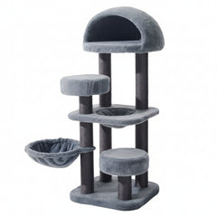 Grauer Kratzbaum NARA mit verschiedenen Ebenen, Höhle, Plattformen und Liegefläche für Katzen. Ideal zum Spielen und Entspannen.